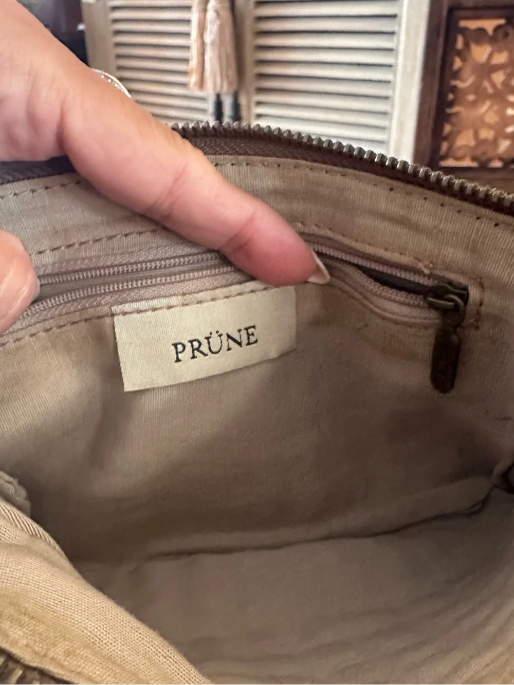Prune, Handmade in Argentina Brown & Tan Suede & Stud Wristlet Wallet / Bag.